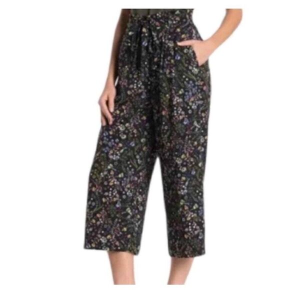 DR2 Black Floral Wide Leg Cropped Belted Pants Small - Picture 1 of 13
